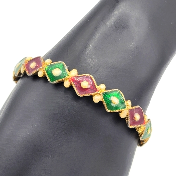 Artisan Mughal Enamel Gold tone Bangle Faux Pearls Vintage - Picture 1 of 14